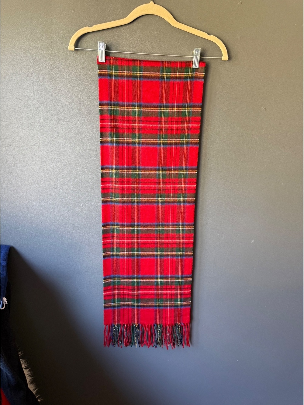 V. Fraas Cashmink Red Tartan Plaid Scarf with Fringe